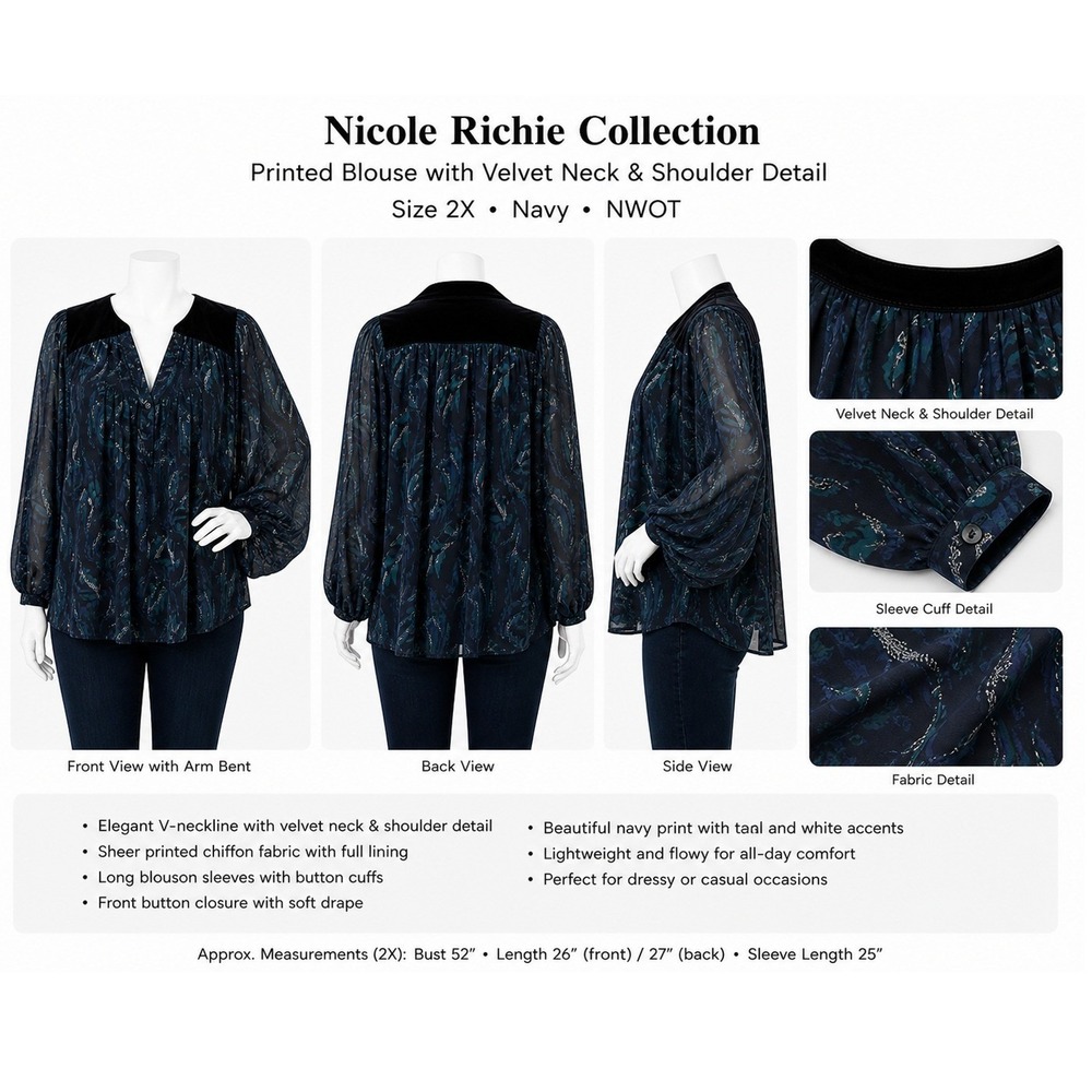 Nicole Richie Collection Navy Printed Blouse Velvet Trim V-Neck Plus 2X NWOT
